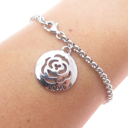 925 Sterling Silver Vintage Rose Flower Charm Rolo Link Bracelet 7.5"
