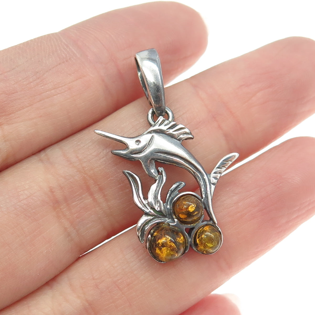 925 Sterling Silver Vintage Real Amber Swordfish Oxidized Pendant