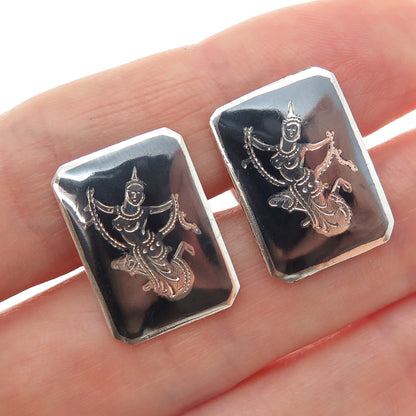 925 Sterling Silver Antique Siam Niello Hindu Goddess Cufflinks