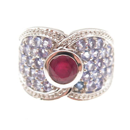925 Sterling Silver Real Round-Cut Ruby & Tanzanite Ring Size 6.75