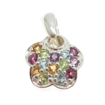 925 Sterling Silver Real Amethyst Blue Topaz Citrine & Peridot Flower Pendant