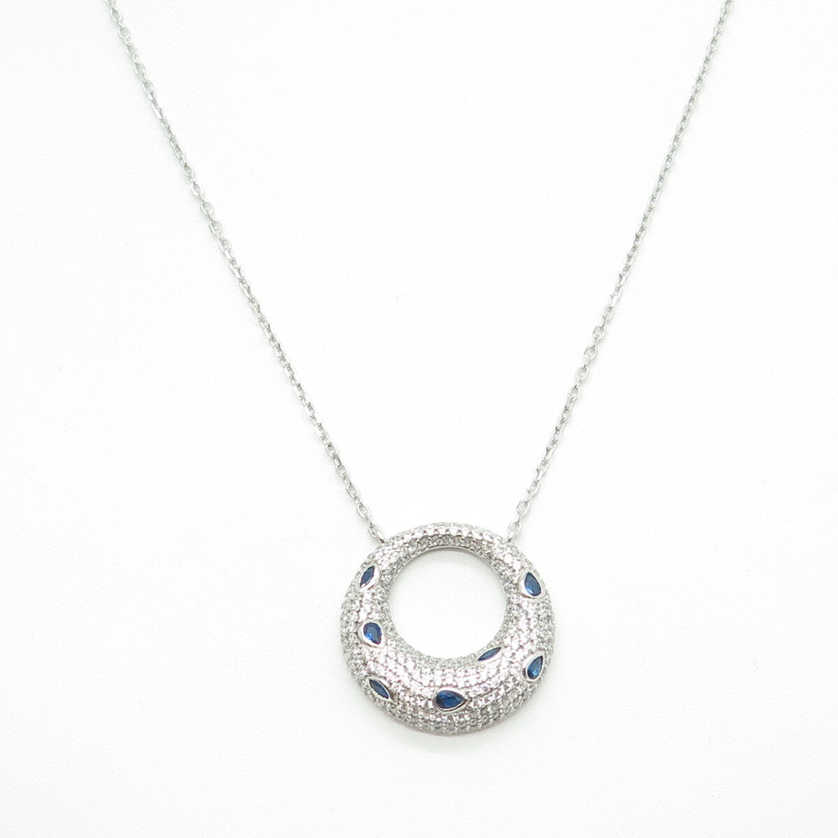 925 Sterling Silver Multi-Cut Blue & White C Z Crescent Chain Necklace 16-18"