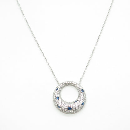 925 Sterling Silver Multi-Cut Blue & White C Z Crescent Chain Necklace 16-18"
