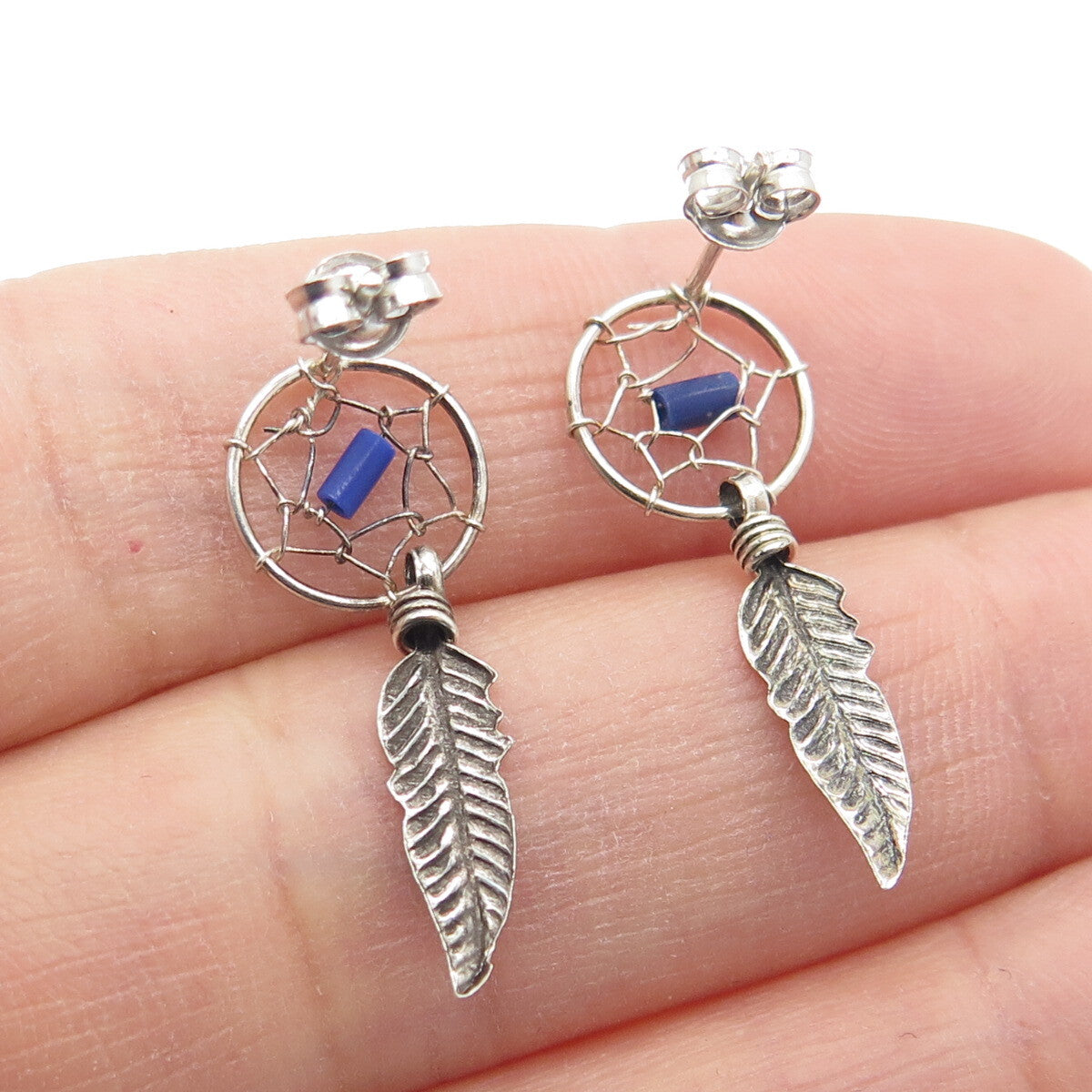 Old Pawn 925 Sterling Silver Vintage Lapis Dreamcatcher Feather Dangle Earrings