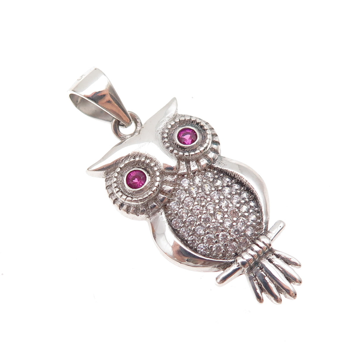 925 Sterling Silver Lab-Created Ruby & C Z Wise Owl Bird Charm Pendant