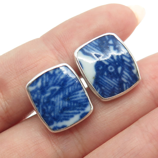 925 Sterling Silver Vintage Blue & White Porcelain Earrings