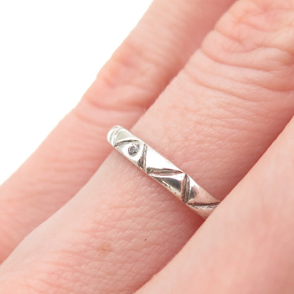 925 Sterling Silver Vintage Real White Topaz Zig Zag Band Ring Size 6