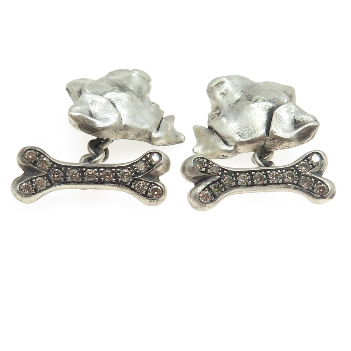 925 Sterling Silver Vintage Real Round-Cut Diamond Jack Russell Dog Cufflinks