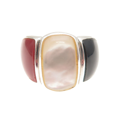 KEN CRAFTS Sterling Silver Vintage Real Black Onyx Carnelian & MOP Ring Size 6.5