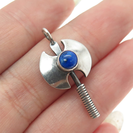 925 Sterling Silver Vintage Real Lapis Lazuli Viking Axe Charm Pendant