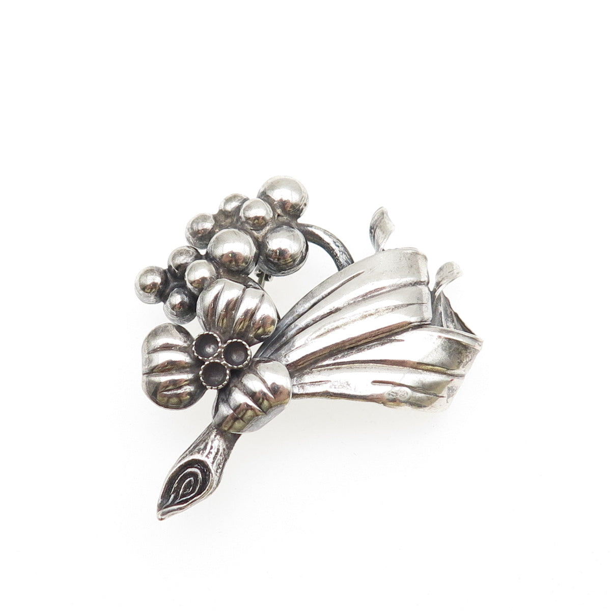 Pinco Forening Sterling Silver Vintage 1957 Sweden Flower Oxidized Pin Brooch