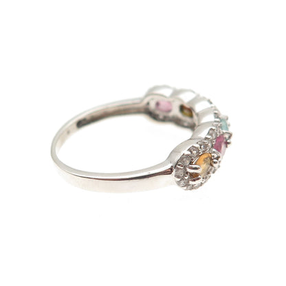 925 Sterling Silver Real Multi-Color Tourmaline & White Topaz Ring Size 6.75