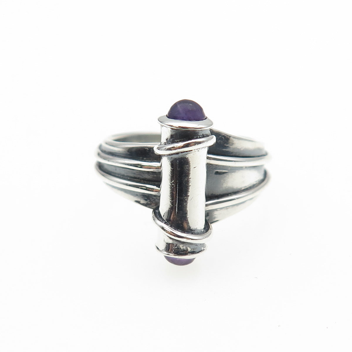 925 Sterling Silver Vintage SMS Amethyst Modernist Scroll Oxidized Ring Size 7