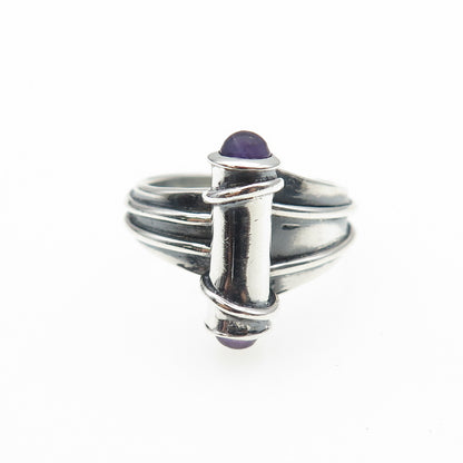 925 Sterling Silver Vintage SMS Amethyst Modernist Scroll Oxidized Ring Size 7