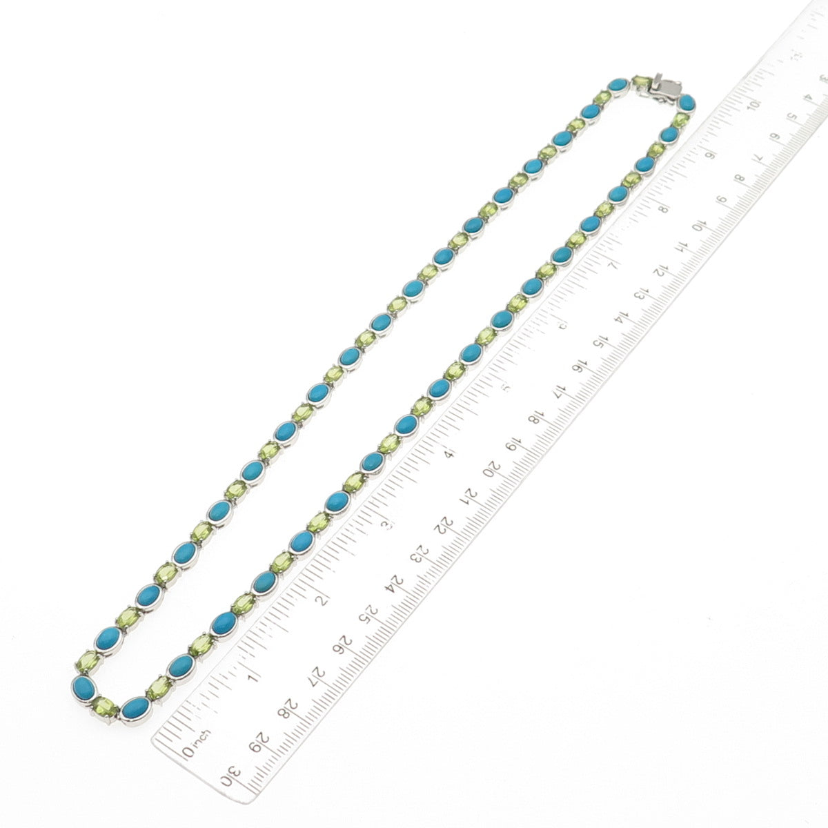 925 Sterling Silver Real Oval-Cut Turquoise & Peridot Chain Necklace 20"