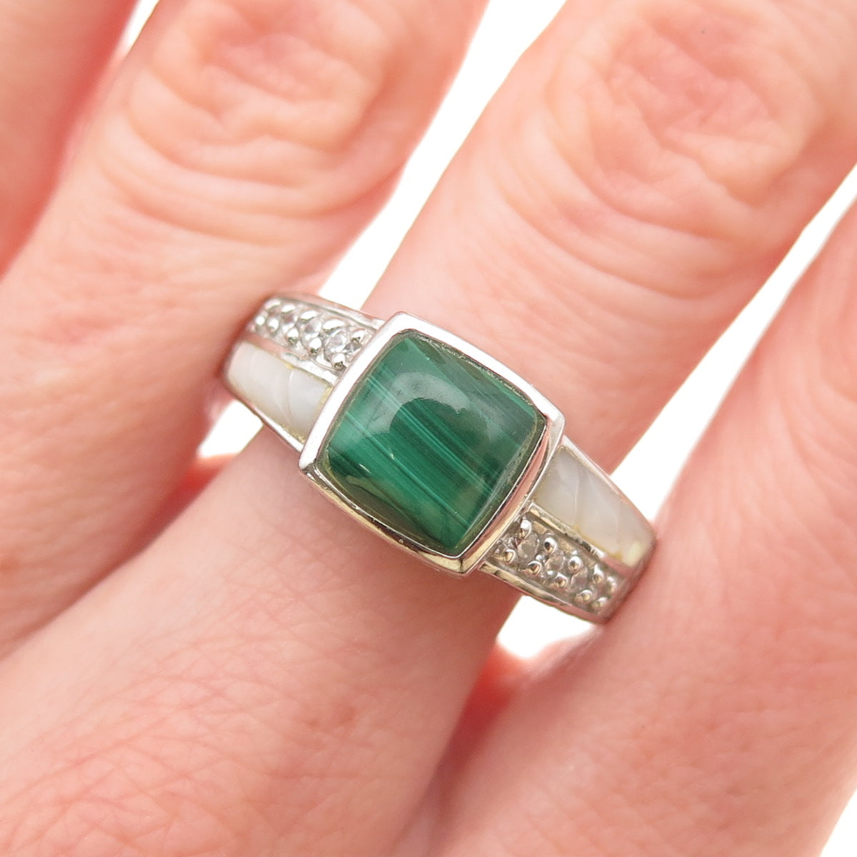 Judith Ripka 925 Sterling Silver Real Malachite MOP & C Z Signet Ring Size 9