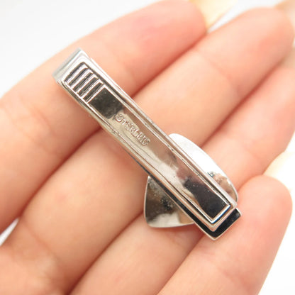 925 Sterling Silver Vintage Real Hematite Gem Etched Tie Clip