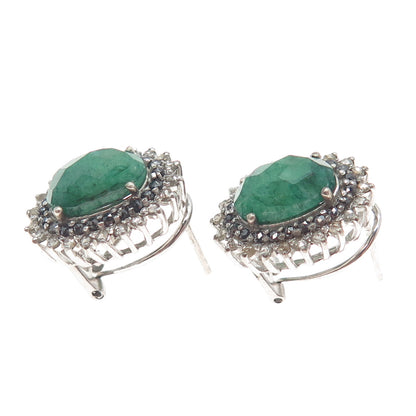 925 Sterling Silver Real Black & White Diamond Emerald Omega Back Earrings