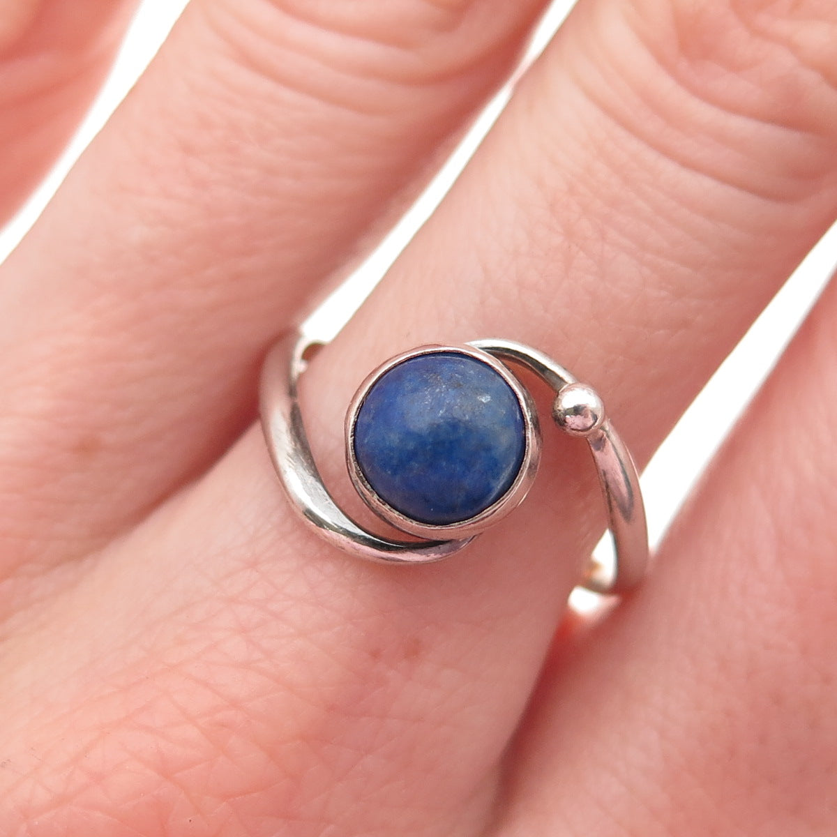 925 Sterling Silver Vintage Real Lapis Modernist Bypass Ring Size 9.25