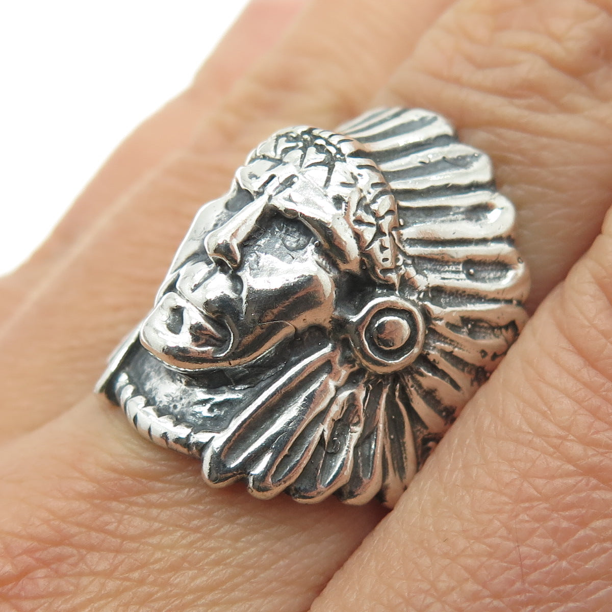 925 Sterling Silver Vintage Indian Chief Tribal Wide Ring Size 7.75