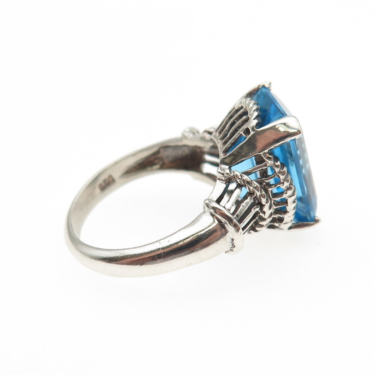 CHATEAU D'ARGENT Sterling Silver Vintage Real Emerald-Cut Blue Topaz Ring Size 6