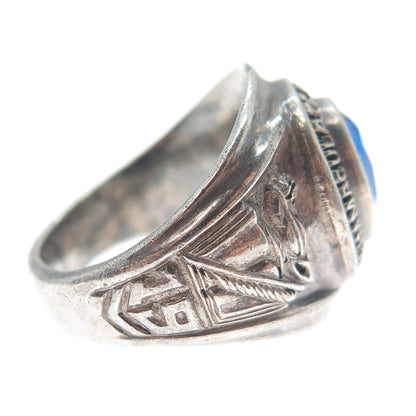 925 Sterling Silver Vintage 1972 Lab-Created Sapphire IHM School Ring Size 8.25