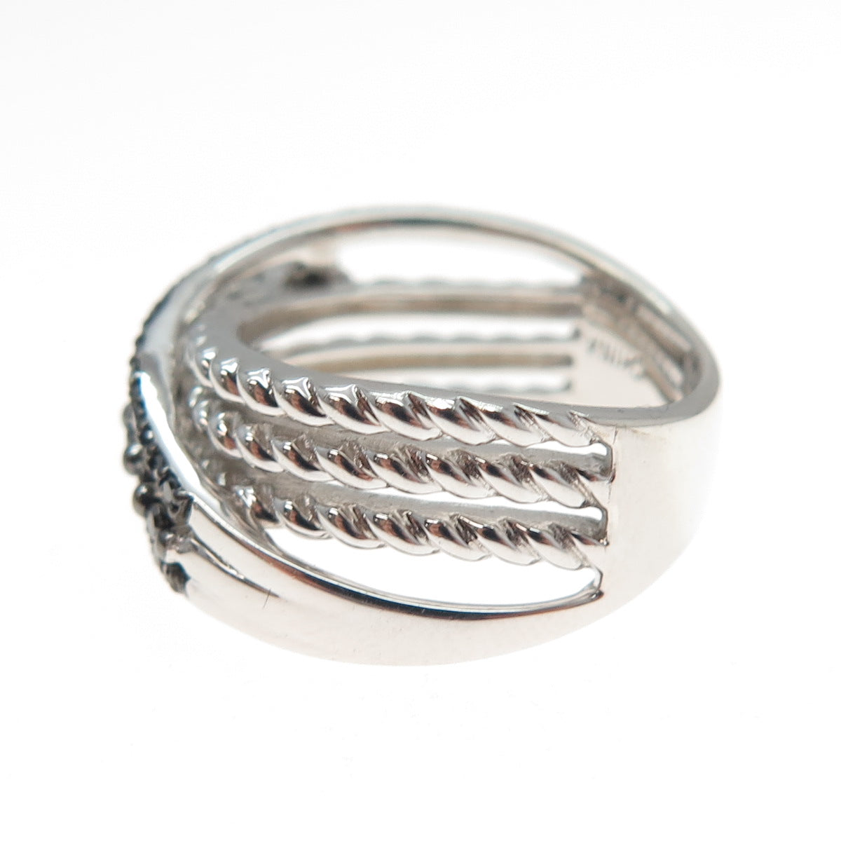 925 Sterling Silver Real Round-Cut Black Diamond Crisscross Ring Size 6.25