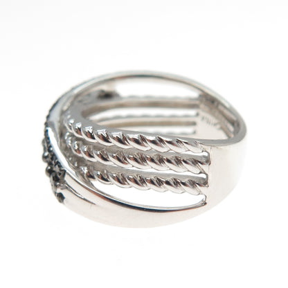 925 Sterling Silver Real Round-Cut Black Diamond Crisscross Ring Size 6.25