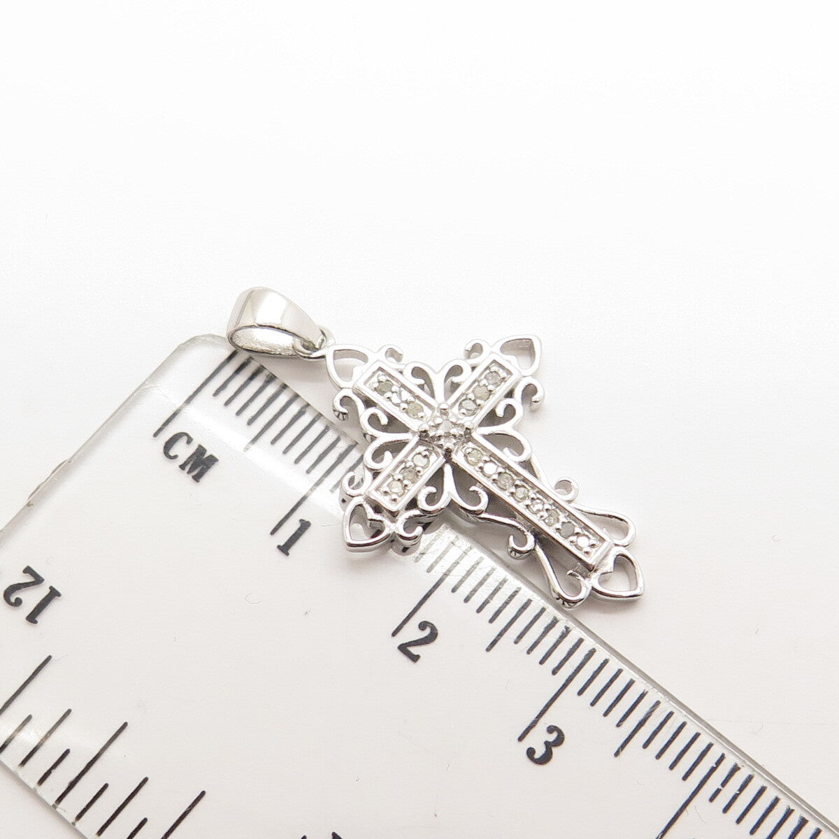 HAN 925 Sterling Silver Real Round-Cut White Diamond Cross Pendant