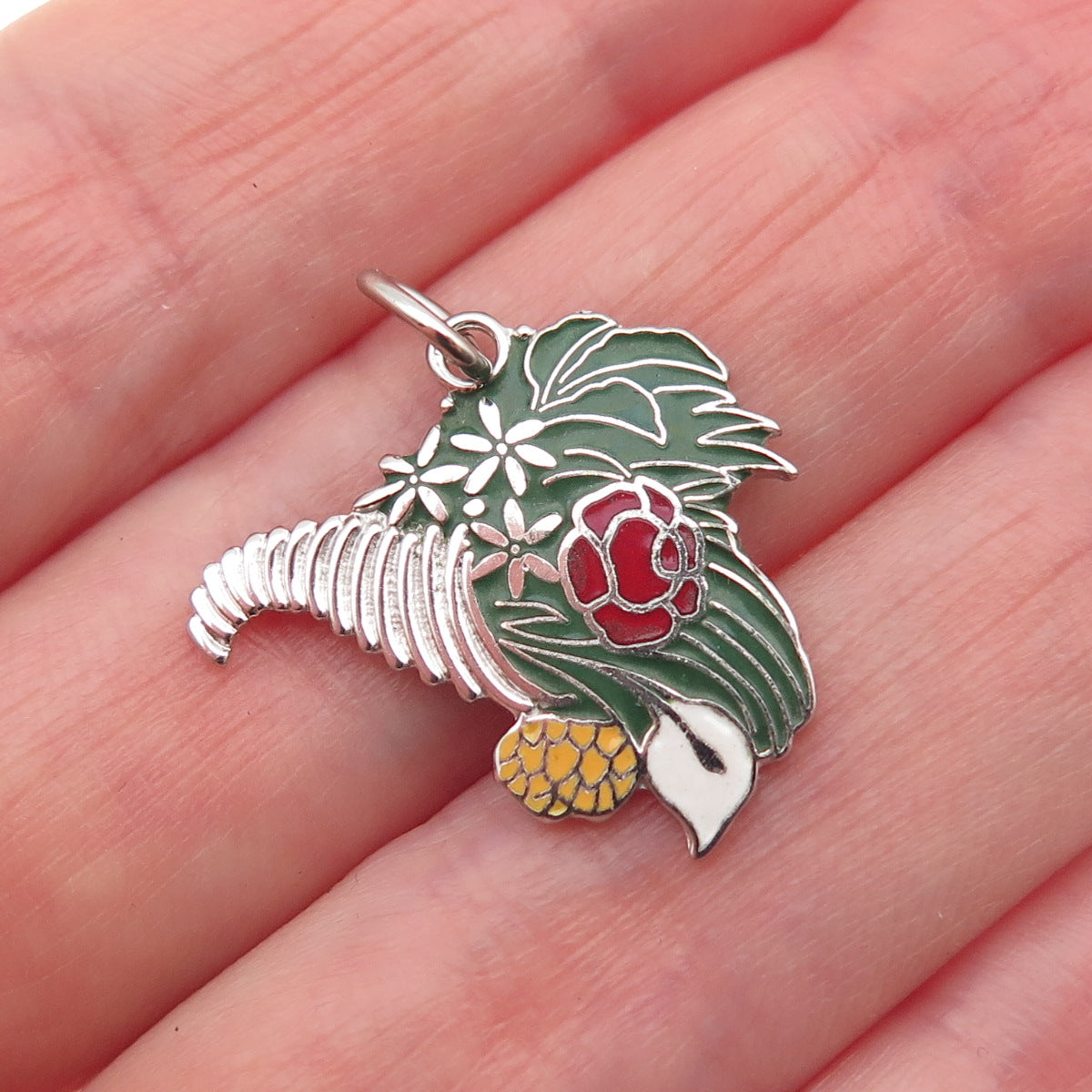 925 Sterling Silver Vintage Enamel Flower Bouquet Mini Charm Pendant