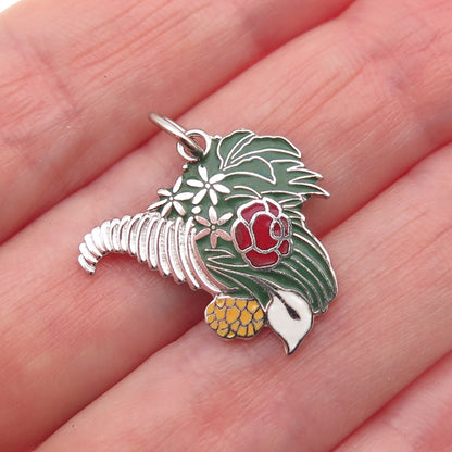 925 Sterling Silver Vintage Enamel Flower Bouquet Mini Charm Pendant