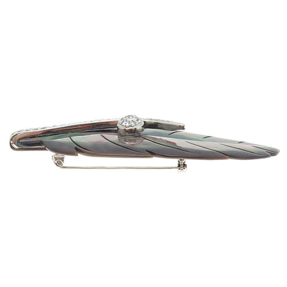 925 Sterling Silver Real Abalone Shell & C Z Leaf Modernist Pin Brooch