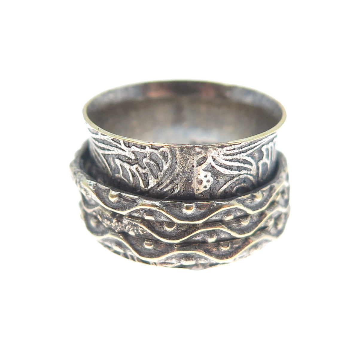 925 Sterling Silver 2-Tone Vintage Oxidized Rotating Wide Band Ring Size 5.5