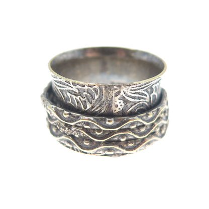 925 Sterling Silver 2-Tone Vintage Oxidized Rotating Wide Band Ring Size 5.5