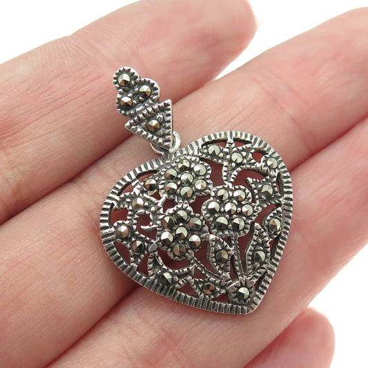 925 Sterling Silver Vintage Real Marcasite Gemstone Flower Heart Pendant