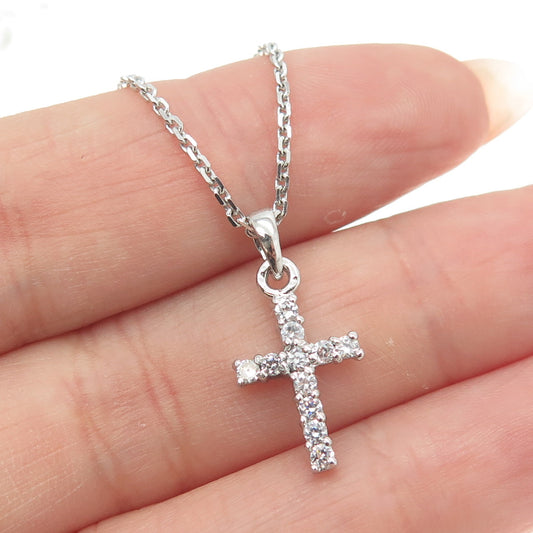 925 Sterling Silver Italy C Z Cross Pendant Cable Chain Necklace 16"