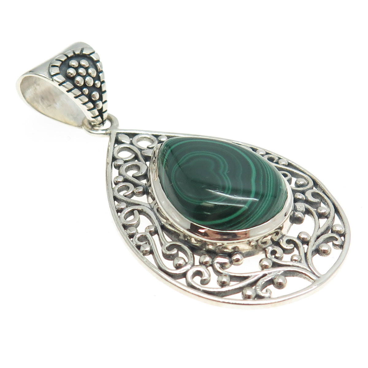 ARYA 925 Sterling Silver Vintage Real Malachite Swirl Teardrop Pendant