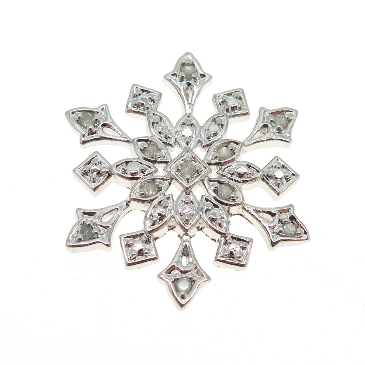 925 Sterling Silver Real Round-Cut Diamond Snowflake Pendant