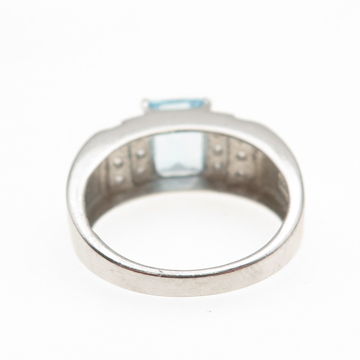 925 Sterling Silver Real Emerald-Cut Blue & Round-Cut White Topaz Ring Size 9