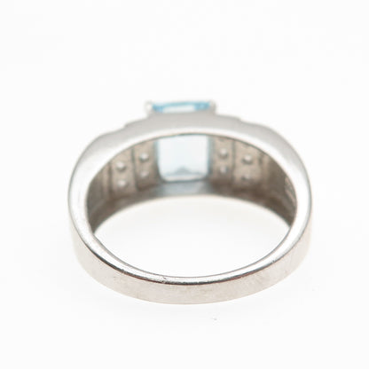 925 Sterling Silver Real Emerald-Cut Blue & Round-Cut White Topaz Ring Size 9