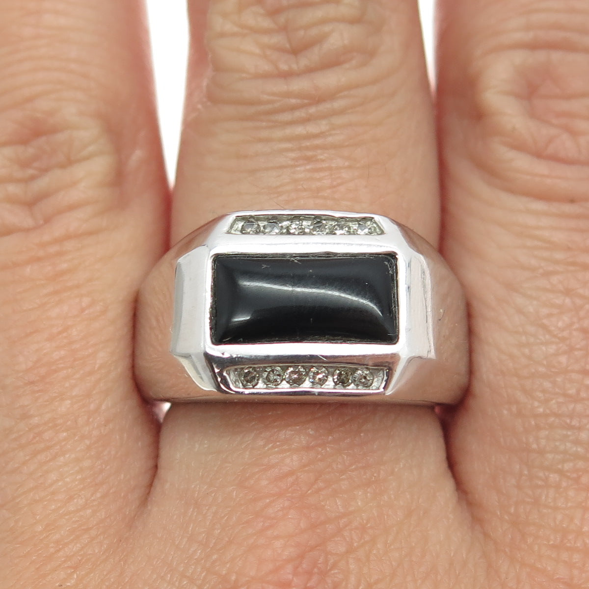 SAI 925 Sterling Silver Real 1/8 TW Round-Cut Diamond & Black Onyx Ring Size 8.5