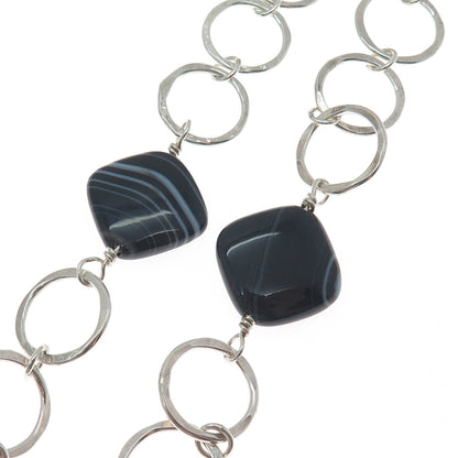 925 Sterling Silver Vintage Real Black Agate Hammered Circle Chain Necklace 24"