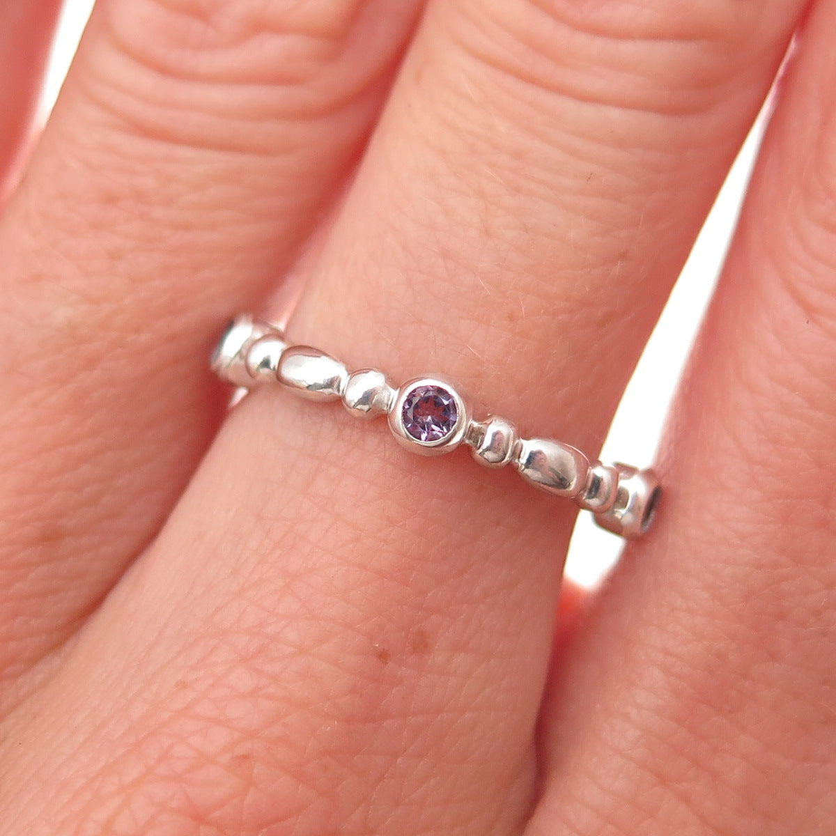 925 Sterling Silver Real Round-Cut Amethyst Station Band Ring Size 7