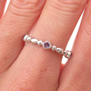 925 Sterling Silver Real Round-Cut Amethyst Station Band Ring Size 7