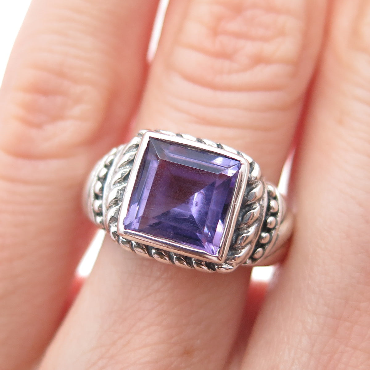 SX SALLY C 925 Sterling Silver Vintage Real Amethyst Oxidized Ring Size 6