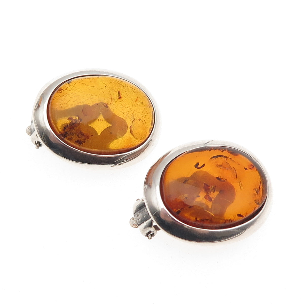 925 Sterling Silver Vintage Poland Real Amber Oval Clip On Earrings