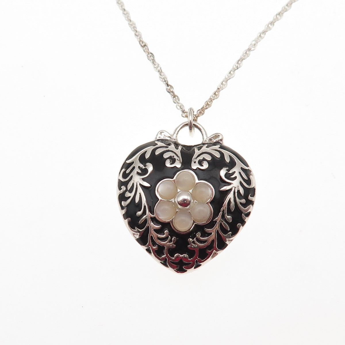 Monet 925 Sterling Vintage Enamel & MOP Heart Twisted Rope Chain Necklace 18-20"