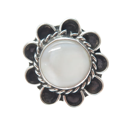 Old Pawn 925 Sterling Silver Vintage MOP Flower Oxidized Tribal Ring Size 5.5