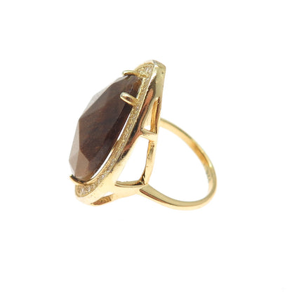 925 Sterling Silver Gold Plated Real Tiger Eye & C Z Teardrop Ring Size 6.5