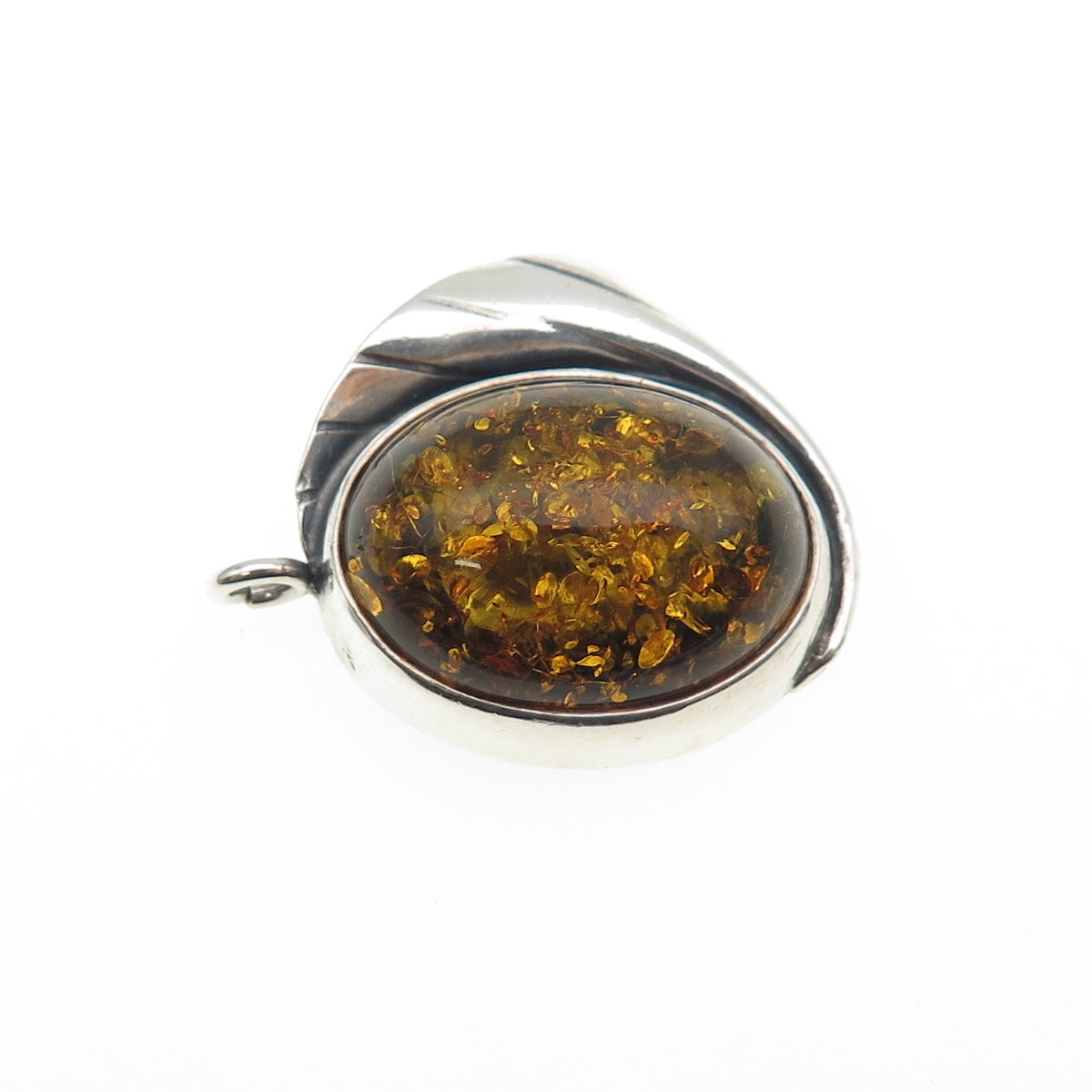 925 Sterling Silver Vintage Real Amber Modernist Floral Oxidized Charm Pendant